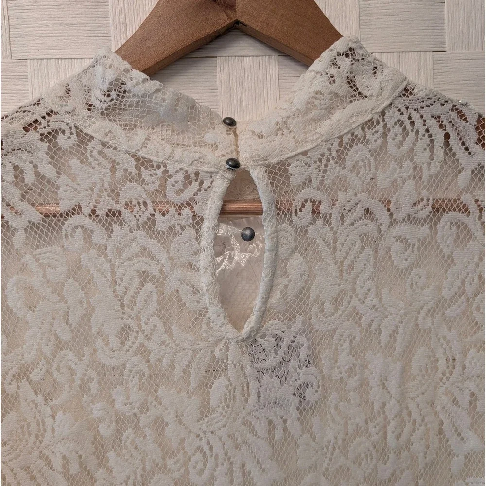 Free People Ivory Floral Lace Mock Neck Long Sleeve High-Low Mini Dress‎ Large